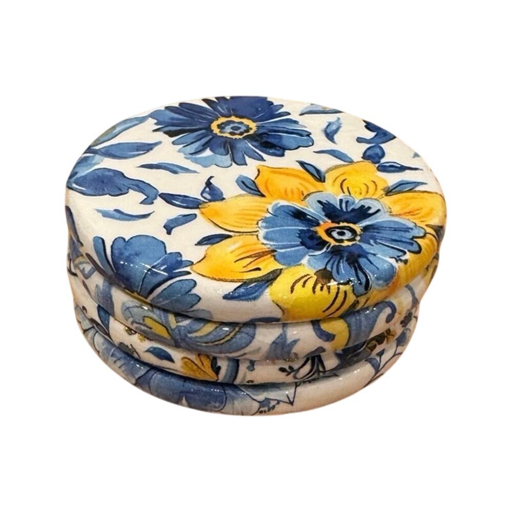 Mediterranean Coasters | Floral Round Wood Coaster Set of 4 | Italian Coasters - Picture 3 of 4